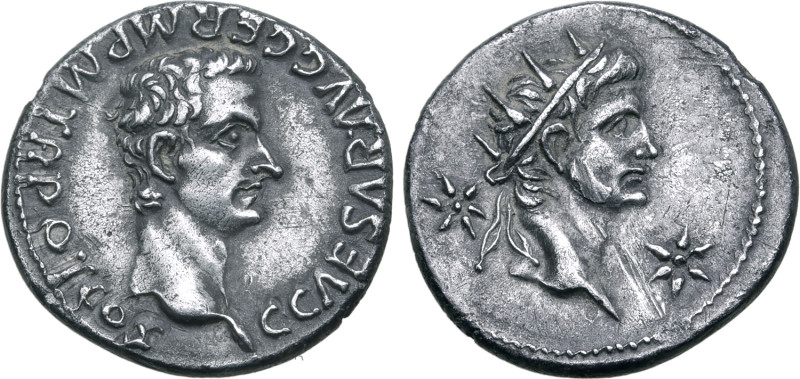 Caligula, with Divus Augustus, AR Denarius. Lugdunum, AD 37. C • CAESAR • AVG GE...