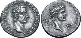 Caligula, with Divus Augustus, AR Denarius. Lugdunum, AD 37. C • CAESAR • AVG GERM P M TR POT COS, bare head of Gaius 'Caligula' to right / Radiate he...