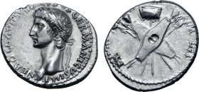 Nero Claudius Drusus (father of Claudius) AR Denarius. Rome, circa AD 41-45. NERO CLAVDIVS DRVSVS GERMANICVS IMP, laureate head to left / DE GERMANIS,...