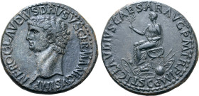 Nero Claudius Drusus (father of Claudius) Æ Sestertius. Rome, AD 41-50. NERO CLAVDIVS DRVSVS GERMANICVS IMP, bare head to right / TI CLAVDIVS CAESAR A...