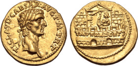 Claudius AV Aureus. Lugdunum, AD 41-42. TI CLAVD CAESAR AVG P M TR P, laureate head to right / IMPER RECEPT inscribed across the wall of the Praetoria...