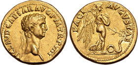 Claudius AV Aureus. Rome, AD 44. TI CLAVD CAESAR AVG P M TR P IIII, laureate head to right / PACI AVGVSTAE, Pax/Nemesis advancing to right, holding dr...