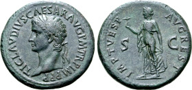 Claudius Æ Sestertius. Restitution issue struck under Titus. Rome, AD 80-81. TI CLAVDIVS CAESAR AVG P M TR P IMP P P, laureate head to left / IMP T VE...