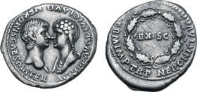 Nero, with Agrippina II, AR Denarius. Rome, AD 54. AGRIPP AVG DIVI CLAVD NERONIS CAES MATER, bare-headed bust of Nero to right and draped bust of Agri...