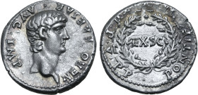 Nero AR Denarius. Rome, AD 58-59. NERO CAESAR AVG IMP, bare head to right / PONTIF MAX TR P V P P, oak wreath enclosing EX SC. RIC I 17; BMCRE 20; RSC...