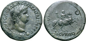 Nero Æ Sestertius. Lugdunum, AD 65. NERO CLAVD CAESAR AVG GER P M TR P IMP P P, laureate head to right / DECVRSIO, Emperor prancing to right on horseb...