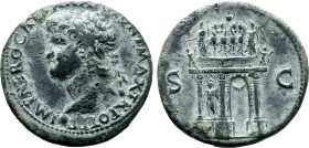 Nero Æ Sestertius. Lugdunum, AD 66. IMP NERO CAESAR AVG PONT MAX TR POT P P, laureate head to left, globe at point of bust / Garlanded triumphal arch ...