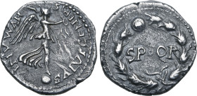 Civil War AR Denarius. Uncertain mint, AD 68-69. SALVS GENERIS HVMANI, Victory standing to right on globe, holding wreath and palm / S P Q R within oa...