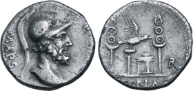 Civil War AR Denarius. Gaul, AD 68-69. MARS [VL]TOR, helmeted head of Mars to right / Aquila and altar between two standards; [P]-R across fields, [SI...