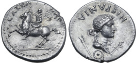 Galba AR Denarius. Spanish mint (Tarraco?), AD 68. GALBA IMP, Emperor, bare-headed, riding to left, with hand raised / HISPANIA, laureate and draped b...