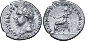 Vitellius AR Denarius. Tarraco, AD 69. A VITELLIVS IMP GERMANICVS, laureate bust to left / CLEMENTIA IMP GERMAN, Clementia seated to left, holding oli...