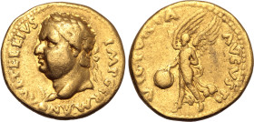 Vitellius AV Aureus. Tarraco(?), AD 69. A VITELLIVS IMP GERMAN, laureate head to left, globe at point of bust; palm frond before / VICTORIA AVGVSTI, V...