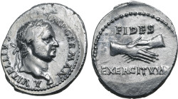 Vitellius AR Denarius. Lugdunum, AD 69. A VITELLIVS IMP GERMAN, laureate head of Vitellius to right, with globe at point of bust / FIDES EXERCITVVM, c...