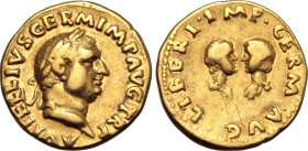Vitellius AV Aureus. Rome, late April - 20 December AD 69. A VITELLIVS GERM IMP AVG TR P, laureate head to right / LIBERI • IMP • GERM • AVG •, confro...