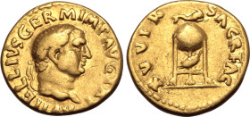 Vitellius AV Aureus. Rome, AD 69. [A] VITELLIVS GERM IMP AVG TR [P], laureate head to right / XV VIR SACR FAC, tripod lebes on which lies a dolphin to...