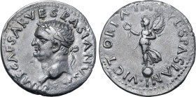 Vespasian AR Denarius. Uncertain mint in Spain(?), AD 69-70. IMP CAESAR VESPASIANVS AVG, laureate head to right / VICTORIA IMP VESPASIANI, Victory sta...