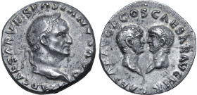 Vespasian AR Denarius. Rome, AD 70. IMP CAESAR VESPASIANVS AVG, laureate head to right / CAESAR AVG F COS CAESAR AVG F PR, confronted bare heads of Ti...