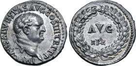 Vespasian AR Denarius. Ephesus, AD 71. IMP CAESAR VESPAS AVG COS III TR P P P, laureate head to right / AVG EPHE (partially ligate) in two lines withi...