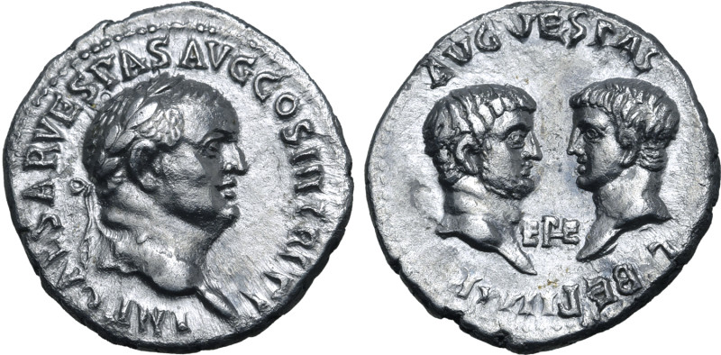 Vespasian, with Titus and Domitian, as Caesars, AR Denarius. Ephesus, AD 71. IMP...