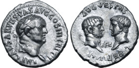 Vespasian, with Titus and Domitian, as Caesars, AR Denarius. Ephesus, AD 71. IMP CAESAR VESPAS AVG COS III TR P P P, laureate head to right / Confront...