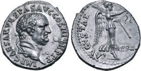 Vespasian AR Denarius. Ephesus, AD 71. IMP CAESAR VESPAS AVG COS III TR P P P, laureate head to right / [PACI] AVGVSTAE, Victory advancing to right, h...