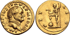 Vespasian AV Aureus. Rome, AD 72-73. IMP CAES VESP AVG P M COS IIII, laureate head to right / NEP RED, Neptune standing to left, foot on globe, holdin...