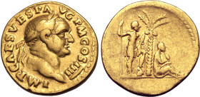 Vespasian AV Aureus. Rome, AD 72-73. IMP CAES VESP AVG P M COS IIII, laureate head to right / Judaea seated to right, leaning against palm tree; Emper...