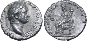 Vespasian AR Denarius. Antioch, AD 72-73. IMP CAES [VESP] AVG P M COS IIII, laureate head to right / CONCORDIA AVGVSTI, Concordia enthroned to left, h...