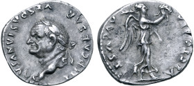 Vespasian AR Quinarius. Rome, AD 75. IMP CAESAR VESPASIANVS AVG, laureate head to left / VICTORIA AVGVSTI, Victory advancing to right, holding wreath ...