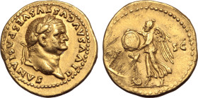 Divus Vespasian AV Aureus. Struck under Titus. Rome, AD 80-81. DIVVS AVGVSTVS VESPASIANVS, laureate head to right / Victory standing to left, placing ...