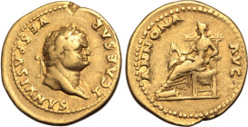 Titus, as Caesar, AV Aureus. Rome, AD 77-78. T CAESAR VESPASIANVS, laureate head to right / ANNONA AVG, Annona enthroned to left, holding sack of corn...