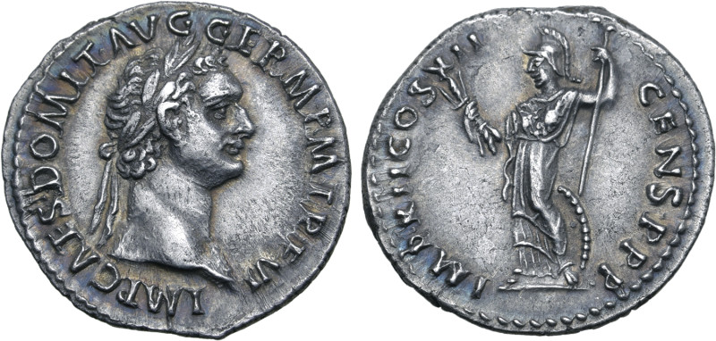 Domitian AR Denarius. Rome, AD 86. IMP CAES DOMIT AVG GERM P M TR P VI, laureate...