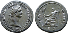 Domitian Æ Sestertius. Rome, AD 90-91. IMP CAES DOMIT AVG GERM COS XV CENS PER P P, laureate head to right / IOVI VICTORI, Jupiter seated to left, hol...
