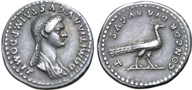Domitia (wife of Domitian) AR Denarius. Rome, AD 82-83. DOMITIA AVGVSTA IMP DOMIT, draped bust to right / CONCORDIA AVGVST, peacock standing to right....