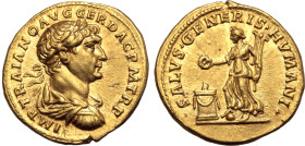 Trajan AV Aureus. Rome, AD 111. IMP TRAIANO AVG GER DAC P M TR P, laureate, draped and cuirassed bust to right / SALVS GENERIS HVMANI, Salus standing ...
