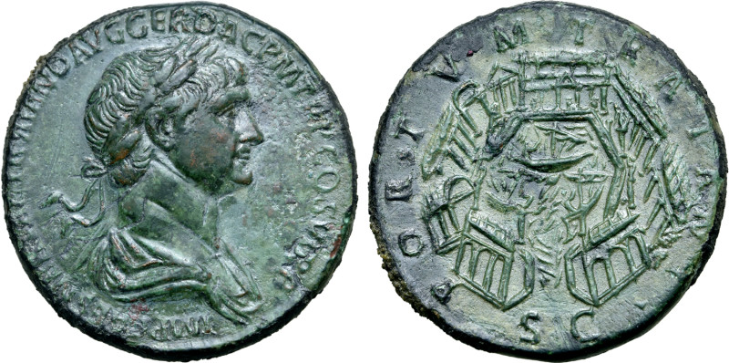 Trajan Æ Sestertius. Rome, AD 112-114. IMP CAES NERVAE TRAIANO AVG GER DAC P M T...