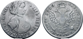 Russia, Tsardom. Peter I 'the Great' AR Poltina. Kadashevsky mint, 1710. + ЦРЬ • ПЕТРЪ • АЛЕѮIЕВИЧЪ : B : P : П +, laureate, draped and cuirassed bust...