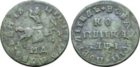 Russia, Tsardom. Peter I 'the Great' CU Kopeck. Kadashevsky mint, 1710. ЦРЬ ПЕТРЪ АЛЕѮIЕВИЧЬ, St. George, on horseback, spearing to right; MД below / ...