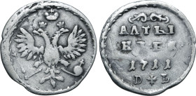 Russia, Tsardom. Peter I 'the Great' AR Altyn. Red mint, 1711. Crowned double-headed imperial eagle, holding sceptre and globus cruciger; crown above ...