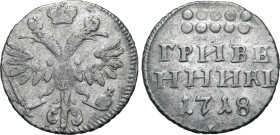 Russia, Tsardom. Peter I 'the Great' AR Grivennik. Red mint, 1718. Crowned double-headed imperial eagle, holding sceptre and globus cruciger / Denomin...