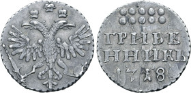 Russia, Tsardom. Peter I 'the Great' AR Grivennik. Red mint, 1718. Crowned double-headed imperial eagle, holding sceptre and globus cruciger / Denomin...
