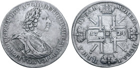 Russia, Empire. Peter I 'the Great' AR Rouble. St Petersburg mint, 1724. ★ ПЕТРЬ • I • ИМПЕРАТОРЬ • I САМОДЕРЖЕЦЬ • ВСЕРОССIИСКIИ, laureate, draped an...