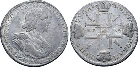Russia, Empire. Peter I 'the Great' AR Rouble. St Petersburg mint, 1725. ★ ПЕТРЬ I ИМПЕРАТОРЬ I САМОДЕРЖЕЦЬ ВСЕРОССIИСКIИ, laureate, draped and cuiras...