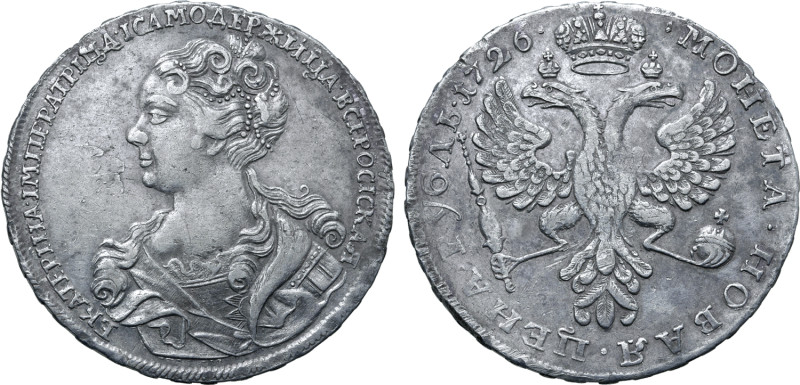 Russia, Empire. Catherine I AR Rouble. Red mint, 1726. ЕКАТЕРIНА • IМПЕРАТРIЦА •...