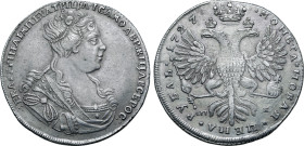 Russia, Empire. Catherine I AR Rouble. St. Petersburg mint, 1727. • : ЕКАТЕРIНА • IМПЕРАТРIЦА • I САМОДЕРЖИЦА • ВСЕРОС : •, crowned and draped bust to...