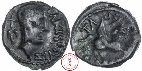 Carnutes (Région de la Beauce), Bronze TASGIITIOS au pégase, 60-40 avant J.-C., Av. ELKESOOUIX, Tête diadémée d'Apollon à droite, une feuille de vigne...