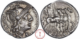 Caecilia, Q. Caecilius Metellus, Denier, 130 avant J.-C., Av. Q•METE, Tête casquée de Rome à droite, un X barré sous le menton, Rv. Jupiter dans un qu...