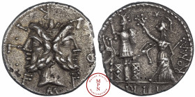 Furia, Marcus Furius Philus, Denier, 119 avant J.-C., Av. M. FOVRI. L. F., Tête barbue de Janus, Rv. La Victoire debout à droite, posant une couronne ...