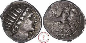 Aquillia, Manius Aquillius, Denier, 109-108 avant J.-C., Av. Tête radiée de Sol à droite, un X sous le menton, Rv. La Lune dans un bige à droite, sous...