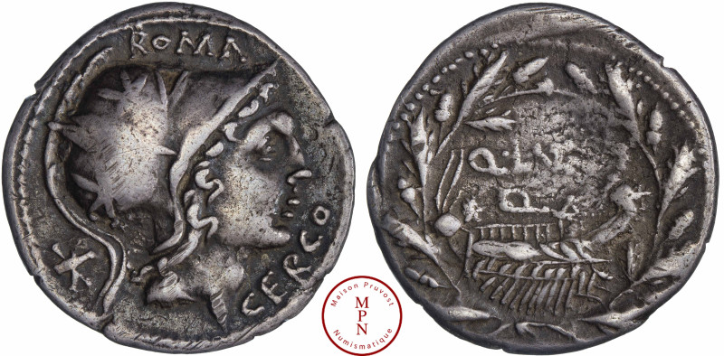 Lutatia, Quintus Lutatius Cerco, Denier, 109-108 avant J.-C., Av. ROMA CERCO, Tê...